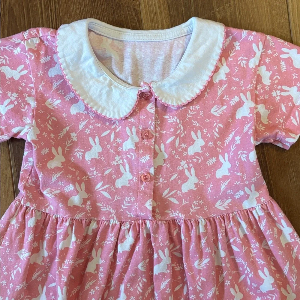 5/$25🌼 Toddler Girls’ Pink and White Bunny Dress with Peter Pan Collar size 4Y